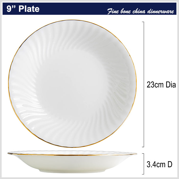 Bone China Round Plate - Ribbed Front Edge & Gold Rim