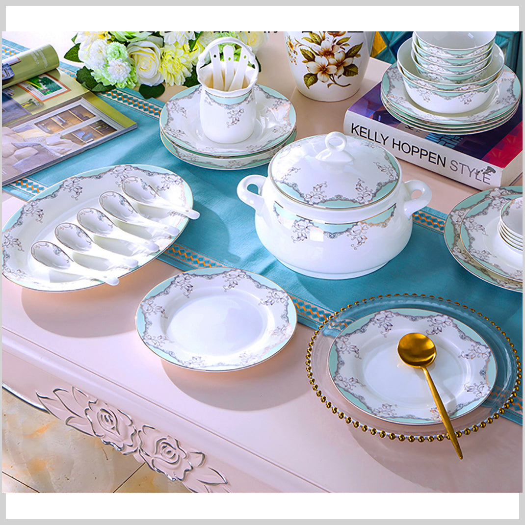 Bone China Dinnerware Set - Decorative Pattern in Pale Blue