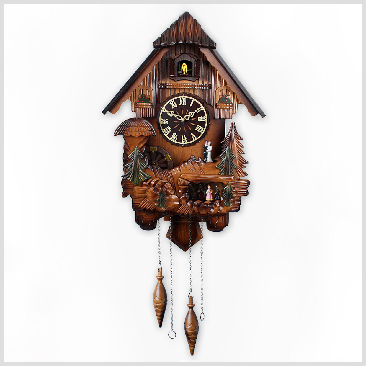 33" Black Forest Wooden Cuckoo Clock with Hand Carvings - Chirping Bird & Dance in Music